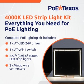 PoE Texas - PoE Lighting Plug and Play Kit with 24V LED Driver, 4000K LED Strip Light (2m), Wireless Light Switch - 24 Volt Cob LED Strip Light for Under Cabinet, White Dotless 24v LED Strip Lighting