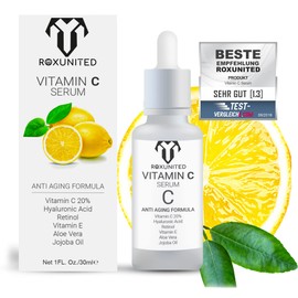 ROXUNITED Cosmetics Vitamin C Serum "Comparison Winner" Organic, Vegan, High Dose with Hyaluronic Acid, Anti-Ageing, Aloe Vera, Vitamin E, Retinol, Anti Wrinkle Moisturiser Face and Skin