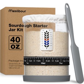 Premium Pro Sourdough Starter Jar Kit - 40oz Large Wide Mouth Sourdough Bread Jar with Marked Feeding Band, Thermometer, Scraper, Cloth Cover and Silicone Lid/Base, Glass Container, Baking Supplies