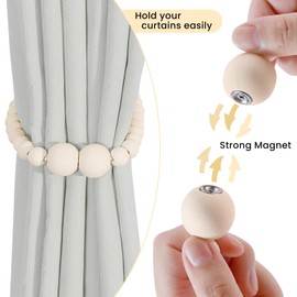 Magnetic Curtain Tiebacks, 2 Pack Curtain Holdbacks for Draperies, Wood Bead Curtain Tiebacks, Elegant Curtain Tie Backs for Bedroom Decor, Boho Room Decor, Nursery Decor, Farmhouse Decor