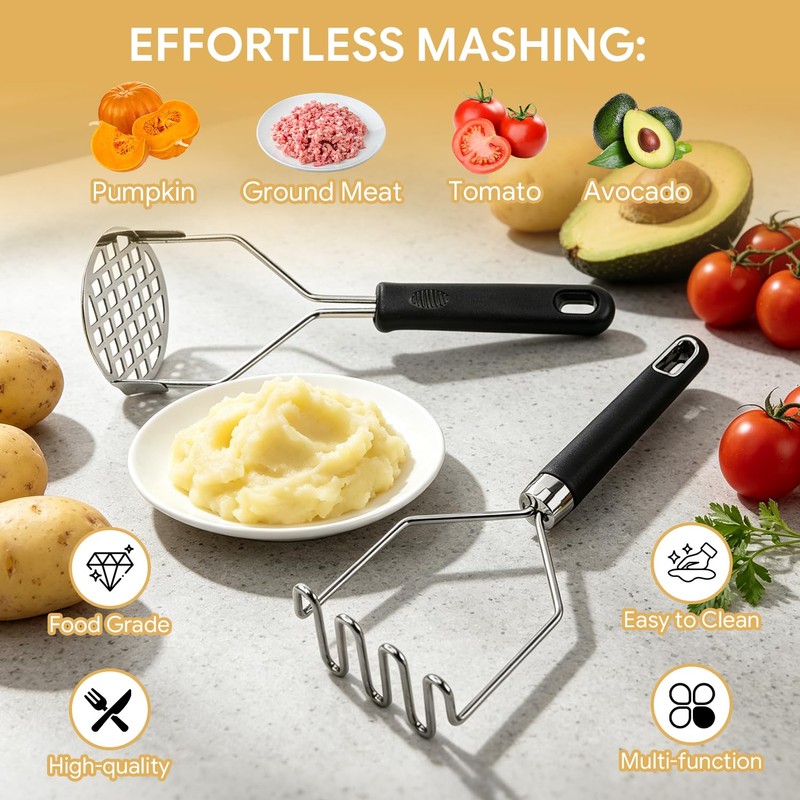 2PCS Stainless Steel Potato Masher with Ergonomic Handle for Mashed