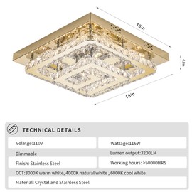 18" Crystal Gold Chandelier with Remote Control, 3 Color Temperature Light Fixture & Brightness Adjustable, Modern Flush Mount LED Ceiling Light Fixture for Living Room Kitchen Hallway Dining Room