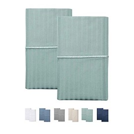 FEATHER & STITCH NEW YORK 500 Thread Count,Damask Stripe, Extra Long-Staple 100% Cotton Pillow Covers for Bed Pillows, Set of 2 (Granite Green, Standard)