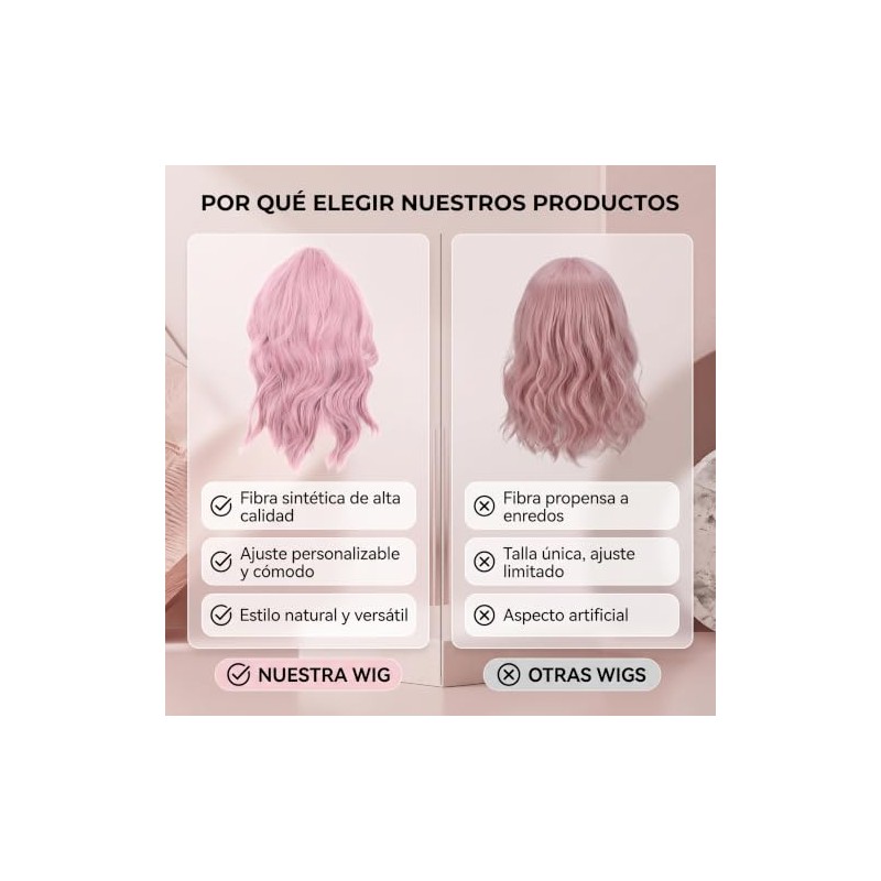 Peluca Ondulada Rosa Corta de 36 cm, Pelucas Sintéticas Rizadas,