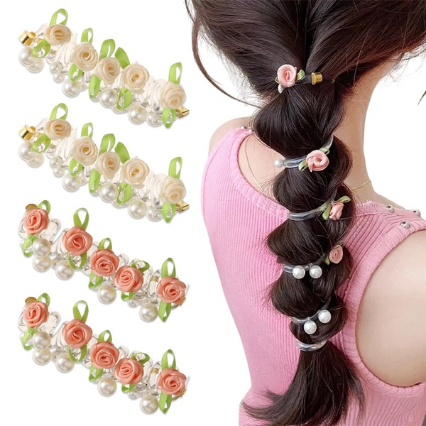 4 Pcs Flower Braided Telephone Scrunchies Spiral Stretchy Pearl Ponytail