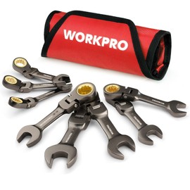 WORKPRO 8 Piece Flex Head Stubby Ratcheting Combination Wrench Set, SAE 5/16-3/4 in, 72-Teeth, CRV, Nickel Plating with Rolling Pouch