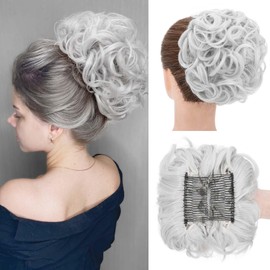 Short Combs Messy Curly Wavy Hair Extensions Bun Piece Up Do Drawstring Ponytail Clip in Comb Hair Extensions Chignon Silver Grey