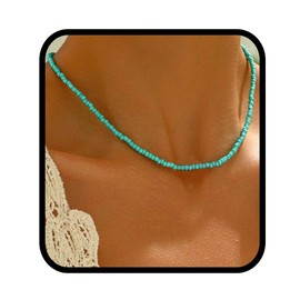 Yalice Boho Choker Necklace Chain Rice Beaded Necklaces Summer Surfer Costume Neck Accessories for Women (Turquoise)