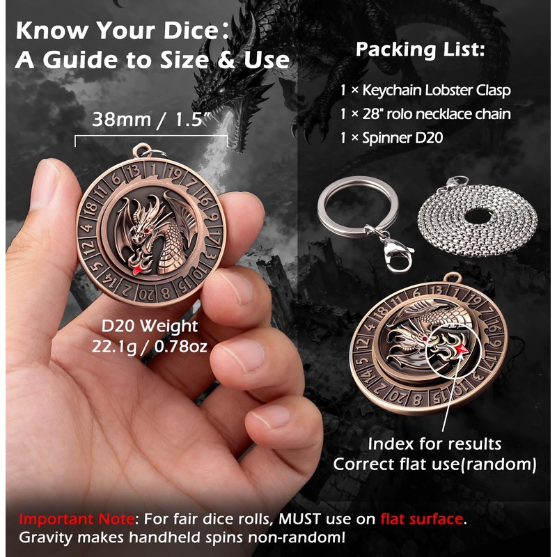 Haxtec D20 Spinner Dice with Keychain & Necklace Gifts for