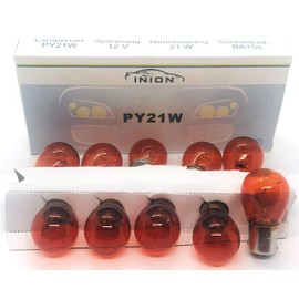 INION Set of 10 Professional Car Lighting Metal Base Car Lamp Halogen 12 V Car Bulbs (10x PY21W)