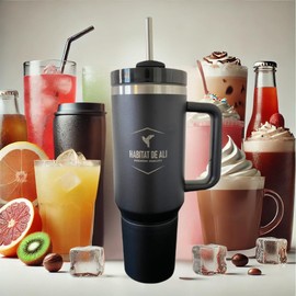 Habitat de Ali 40oz Insulated Tumbler – Leak-Proof, BPA-Free, Dishwasher Safe, with Handle & Straw. Built for Real Canadian Life, from Winter Mornings to Summer Escapes - Black