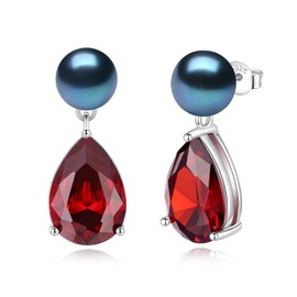 YAMI Black Pearl Earrings for Women, 925 Sterling Silver Birthstone Teardrop Stud Dangle Earrings, Created Garnet Pear Shaped Zircon Gem Drop Earrings, 8-8.5MM Freshwater Cultured Pearl Jewelry