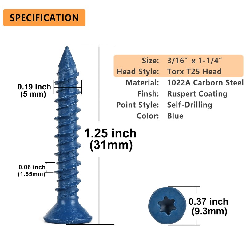 Allkeen 3/16" x 1-1/4" Torx Head Concrete Screws for Anchoring