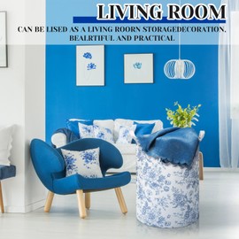 CroBlissful 3 Pcs Blue Flower Foldable Laundry Basket Large Collapsible Storage Hamper with Handle Canvas Clothes Bin Storage Basket for Bathroom, Nursery, Dorm