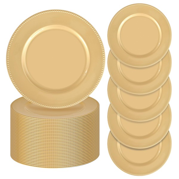 fani 50 Pcs Gold Charger Plates Bulk, 13'' Round Beaded