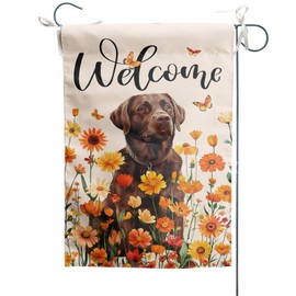 Brown Labrador Fall Garden Flag 12x18 Inch, Autumn Orange Yellow Flowers Wrinkle-Free Double Sided Vertical Linen Banner for Outdoor Dog House Backyard Party Home Decor