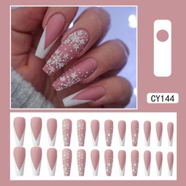 24Pcs Christmas Press on Nails with Snowflake Designs French Glossy Full Cover Square Xmas Artificial Fake Nails Long Acrylic Winter Coffin False Nails with Glue Stick on Nails for Women Girls