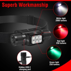 BORUIT HP360 Headlamp Rechargeable (Cob Red and Green) 7 Modes 2000lm Headlamp Hiking,Headlights Ip67 Waterproof Adjustable Headband,Convenient for Hunting and Running, Christmas Gift for Men