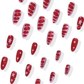 24PCS Almond Press on Nails Red Pink Fake Nails with Irregular Geometric Star Designs Glossy Acrylic False Nails Reusable Stick on Fingernails Glue on Nails for Women Punk Style Nail Art