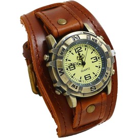 Vintage Leather Watches, Retro Punk Cuff Watch, Wide Band Quartz Watches for Men and Women - Color: Brown