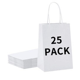 BAG BOX 25 Pack 5.9x3.1x8.25 Inch White Gift Bags with Handles,Bulk Kraft Paper Bags for Shopping, Retail, Merchandise, Wedding, Party Favors, Paper Grocery Sacks