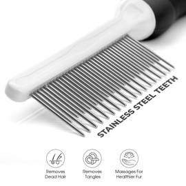 POODLIE Poodle Pet Dog Combs for Grooming Matting - Metal Comb for Dogs with Long & Short Stainless Steel Teeth - Dematting Comb for Cats to Remove Matted Hair & Knots, Black