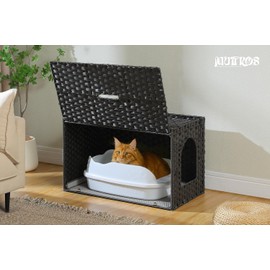 MUTTROS Rattan Cat Litter Box Enclosure - Hidden Litter Box Furniture by Handwoven Wicker with Taller Doorway & Raised Edge Mat-Cat House Cabinet for Large Cats Indoor Living Room Odor Control, Black
