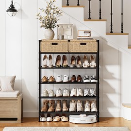 UNITSTAGE Shoe Rack, 5 Tier Shoe Storage Organizer with 2 Hand Woven Drawers, Metal Shoe Shelf for 16-20 Pairs of Shoes, with 4 Fabric Shelves and Woven Top, Shoe Stand for Closet Entryway, Rustic Oak