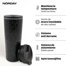 NORDAY | Termo Bloom 25oz Black Leopard | Vasos Acero Inoxidable | Termo para Café y Agua | Mantiene Bebidas Frías y Calientes | Regalos para Hombre y Mujer | Incluye 2 Tapas y 2 Popotes Reutilizables
