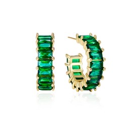 Mesovor Gold Cubic Zirconia Open Hoop Earrings for Women, 18K Gold Plated C Shape Hoop Earrings Jewelry for Party Prom (Green)
