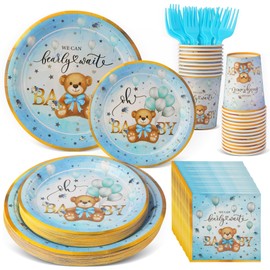 LASLU 120pcs Teddy Bear Baby Shower Decorations,We Can Bearly Wait Party Supplies Tableware Plates, Napkins, Cups, Forks for Boy Girl Baby Shower Decorations, Serves 24 (Blue)