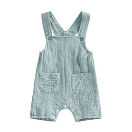 Infant Baby Girl Boy Cotton Linen Romper Overalls Sleeveless Suspender Jumpsuit Playsuit Summer Outfit Clothes (Solid Color Blue, 0-6 Months)