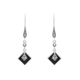 Esse Marcasite Sterling Silver Black Onyx & Marcasite Art Deco Long Drop Earrings