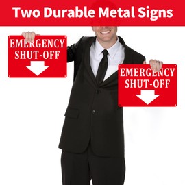 (2 Pack) Aluminum Emergency Shut-Off Sign, Emergency Shut-Off Signs with Down Arrow - Reflective Weatherproof & Rust-Free - Compliant Safety Sign for Doors and Wall - Easy to Install (10"x7" Red)