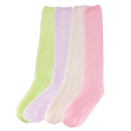 BambooMN Women's Extra Large Fuzzy Knee High Soft Colored Socks - Assortment D - 4 Pairs