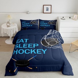 Feelyou Ice Hockey Comforter Set for Kids Boys Girls Hockey Sports Games Comforter Full Size Hockey Player Bedding Set Bedroom Decor Navy Blue Hockey Gift Quilt Set Bedding Collection