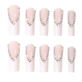 Magrace Press on Nails Long Square Fake Nails White French False Nails with Designs Rhinestone 24 pcs Stick on Nails for Women (A-2)