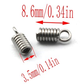 LQ Industrial Cord End Cap 100PCS Stainless Steel Spring Column Terminators Coil End Tips Crimp Fastener Caps Findings with Loop for DIY Leather Jewelry Making Silver Hole 2mm