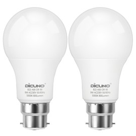 DiCUNO B22 Bayonet LED Bulb, Daylight White 5000K, 60W Equivalent, B22 LED Bulb 9W 806LM, CRI90, Non-dimmable, 2 Pcs