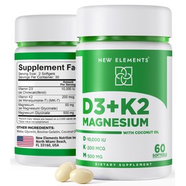 New Elements Vitamin D3 K2 10,000 IU with Magnesium Glycinate 500mg - Bone Health, Immune Support, Energy & Mood - Non-GMO, Gluten-Free, Sugar-Free Softgels for Women & Men (60 softgels)