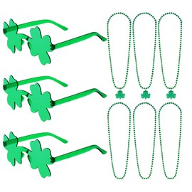 baotongle 9pcs St. Patrick's Day Party Accessories Set Include 3pcs Four Leaf Clover Glasses 3pcs Green Necklaces 3pcs Green Shamrock Necklaces