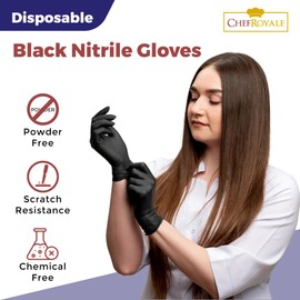 CHEF ROYALE Pack of 200 Disposable Black Nitrile Gloves - Latex Free Gloves Surgicals Powder Free Medical Nitrile Gloves Multi Use Extra Strong Food Prep Gloves - Bulk Quantity (200, L)
