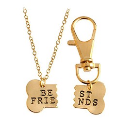 Meiligo® Fashion 2 Pcs Couples Alloy Dog Bone Necklace Key Chain Best Friends Puzzle Pendant Matching Dog Tag Necklace Set (Gold-2)