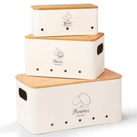 Clewcks Kitchen Vegetable Storage Tins Set of 3 for Potatoes, Onion, Garlic, Vegetable Storage Containers with Ventilation and Bamboo cover, White metal material, Potato and Onion bin for Pantry