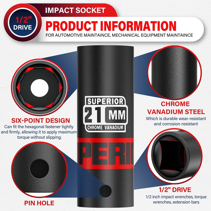 Aiourx 1/2" Drive Impact Socket, 21 mm Deep Socket, Metric,