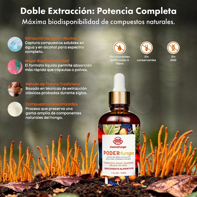 PoderFunga - Tintura Adaptógena de Doble Extracción Cordyceps, Reishi, Melena