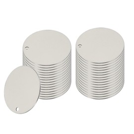 PATIKIL 32 Pcs Metal Stamping Blanks, 40mm Round Name Tags Stainless Steel Circle Blanks Label Flat Plate Disc with Hole for Laser Engraving Stamping Dog Tags Keychain Making, Silver Tone
