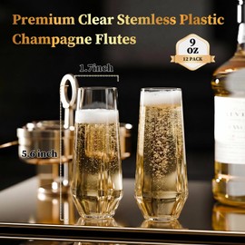 GuanQiao 12 Pack Stemless Plastic Champagne Flutes, 9oz Diamond Disposable Champagne Glasses, Heavy Duty Shatterproof Mimosa Glasses for Wine Tasting, Wedding, Bridal Shower, Party Supplies, Birthday