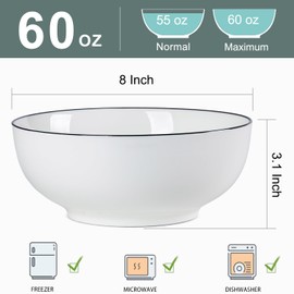 Zscera 60 oz Large Pho Soup Bowls, Large Ramen Bowls, Rimmed Off-White Big Ceramic Bowls Set of 3, 8 Inch