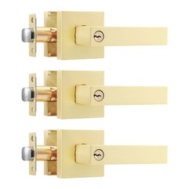 Leydebong 3 Pack Gold Door Knobs with Lock and Key, Keyed Alike Entry Door Lock, Brushed Gold Secure Keyed Reversible Lever Exterior, for Front Entrance and Bedrooms